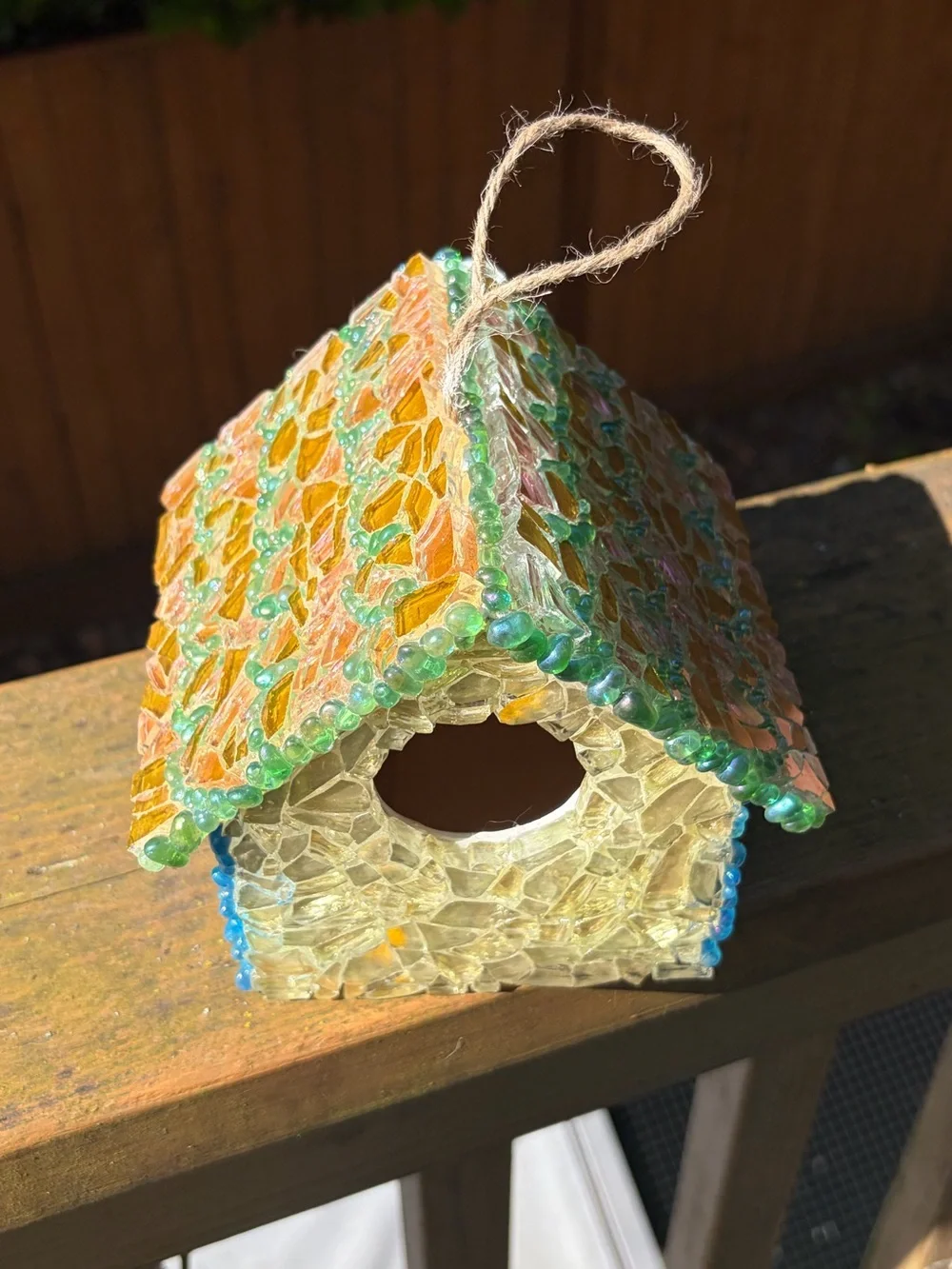 Handmade Mosaic Glass Birdhouse in Gold, Green, Pink and Blue